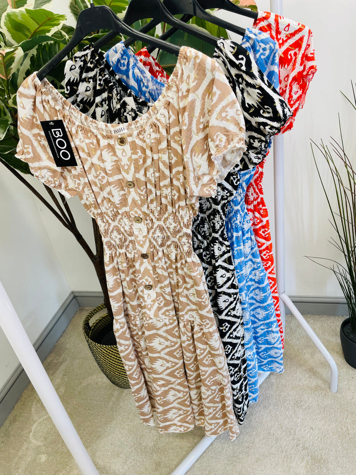 LADIES SUMMER MIDI DAY DRESS - BLUE, ORANGE, BEIGE & BLACK