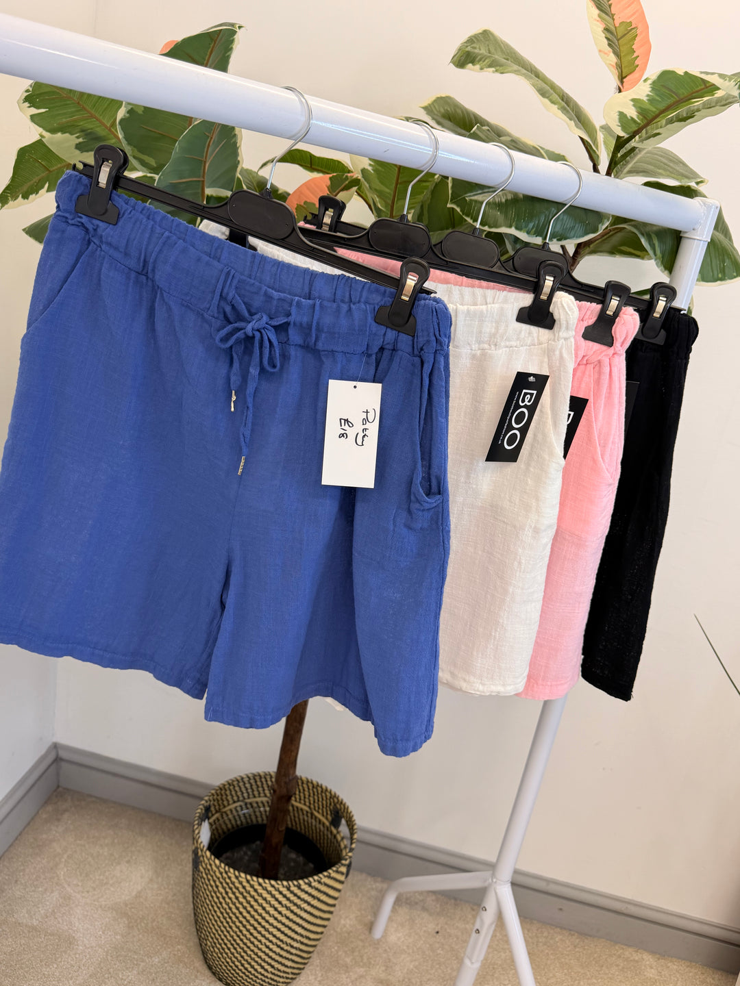 Ladies Linen Cotton Summer Shorts - Denim Blue, Pink, White & Black