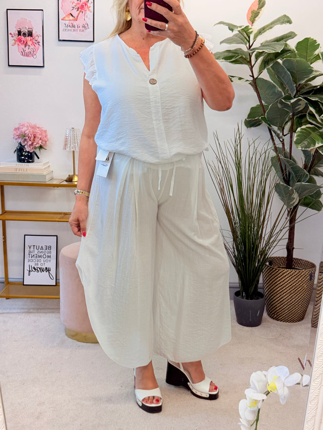 Ladies Frill Sleeve Grandad Top - Blue, Pink, Brown, White, Black & Mocha
