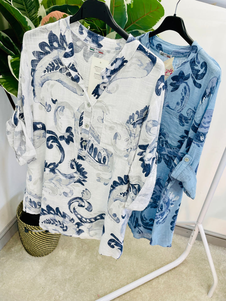 LADIES LINEN SUMMER CASUAL TOP - WHITE & BLUE