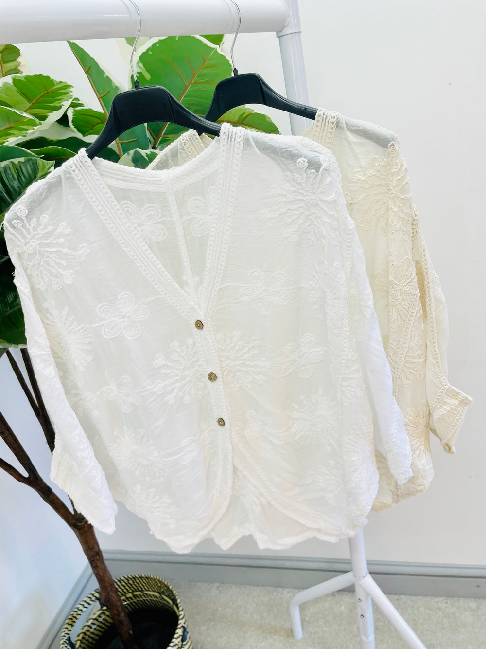 LADIES WOMENS BOHO CARDIGAN TOP - BEIGE AND WHITE