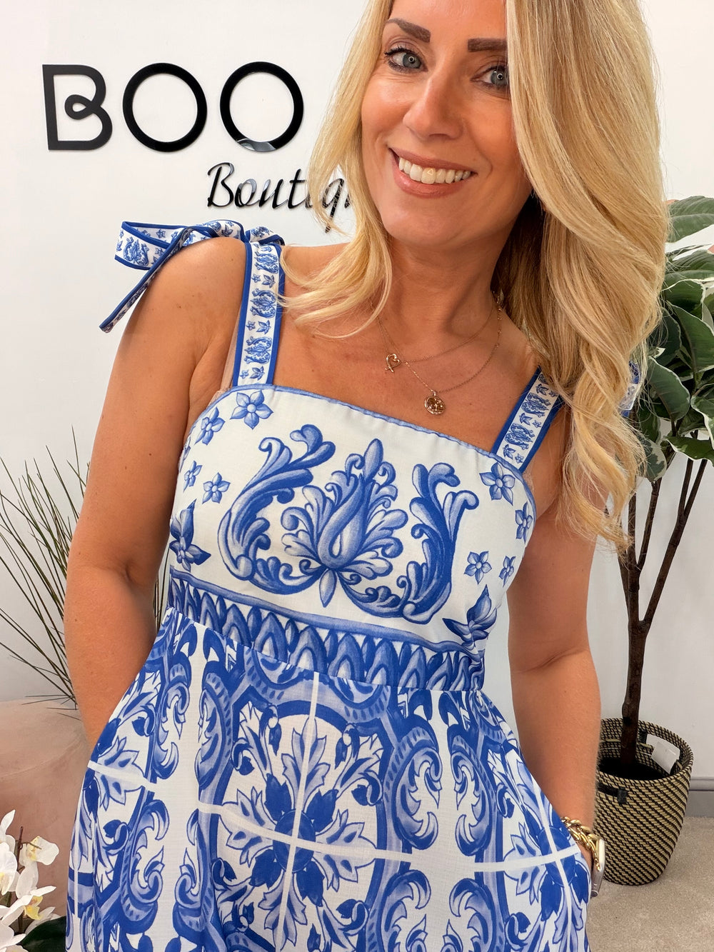 Ladies Fashion Blue & White Scarf Print Summer Maxi Dress