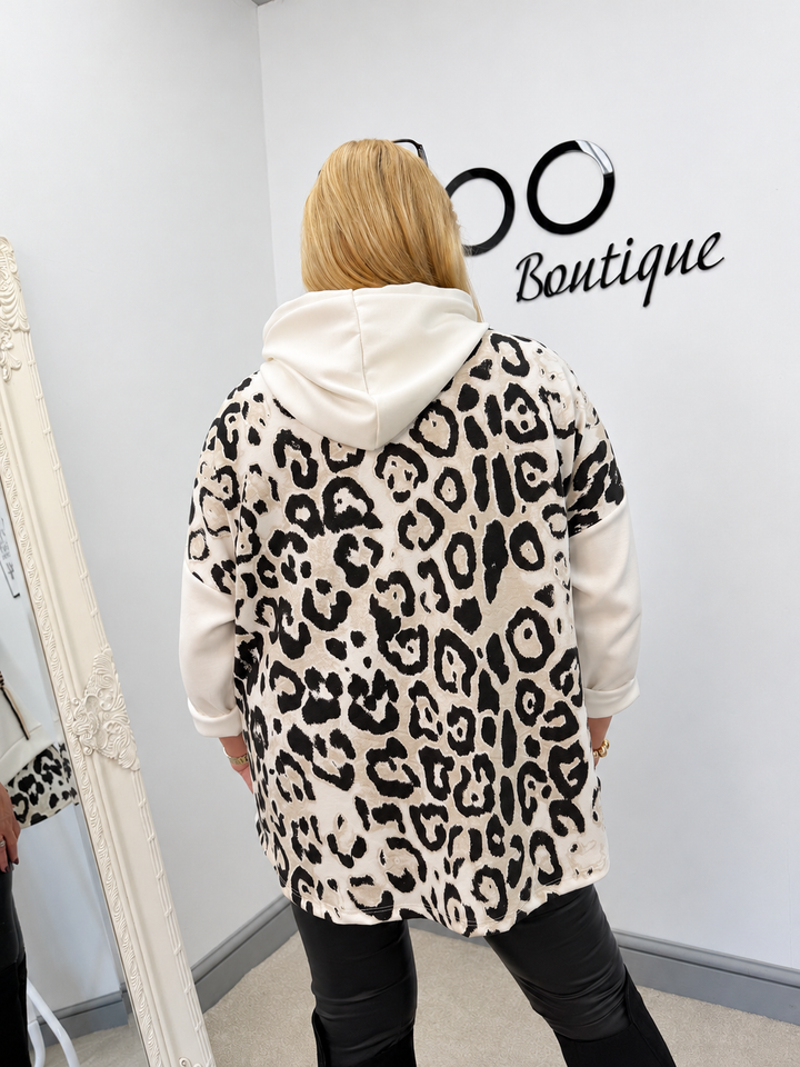 Women's leopard print casual sweat shirt hoody top - black, white & white
