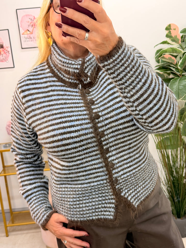 Womens Soft Knit Blue Brown Stripe High Neck Cardigan Jumper