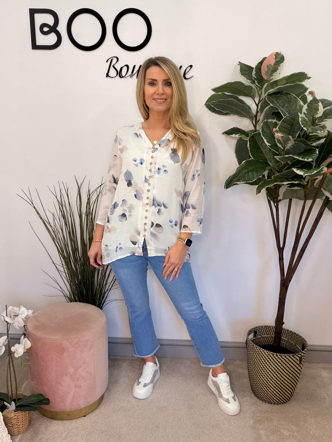 Ladies Fashion Pretty White & Blue Leaf Print blouse top