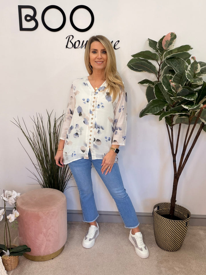 Ladies Fashion Pretty White & Blue Leaf Print blouse top