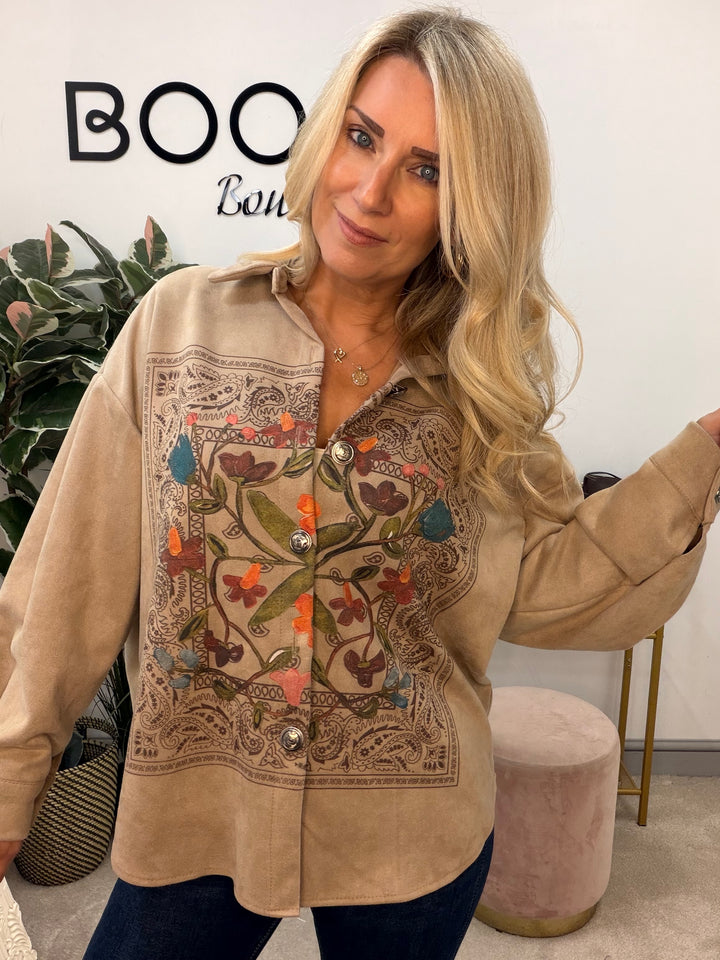 Ladies Fashion Faux Suede Shacket Jacket - Beige & Mocha