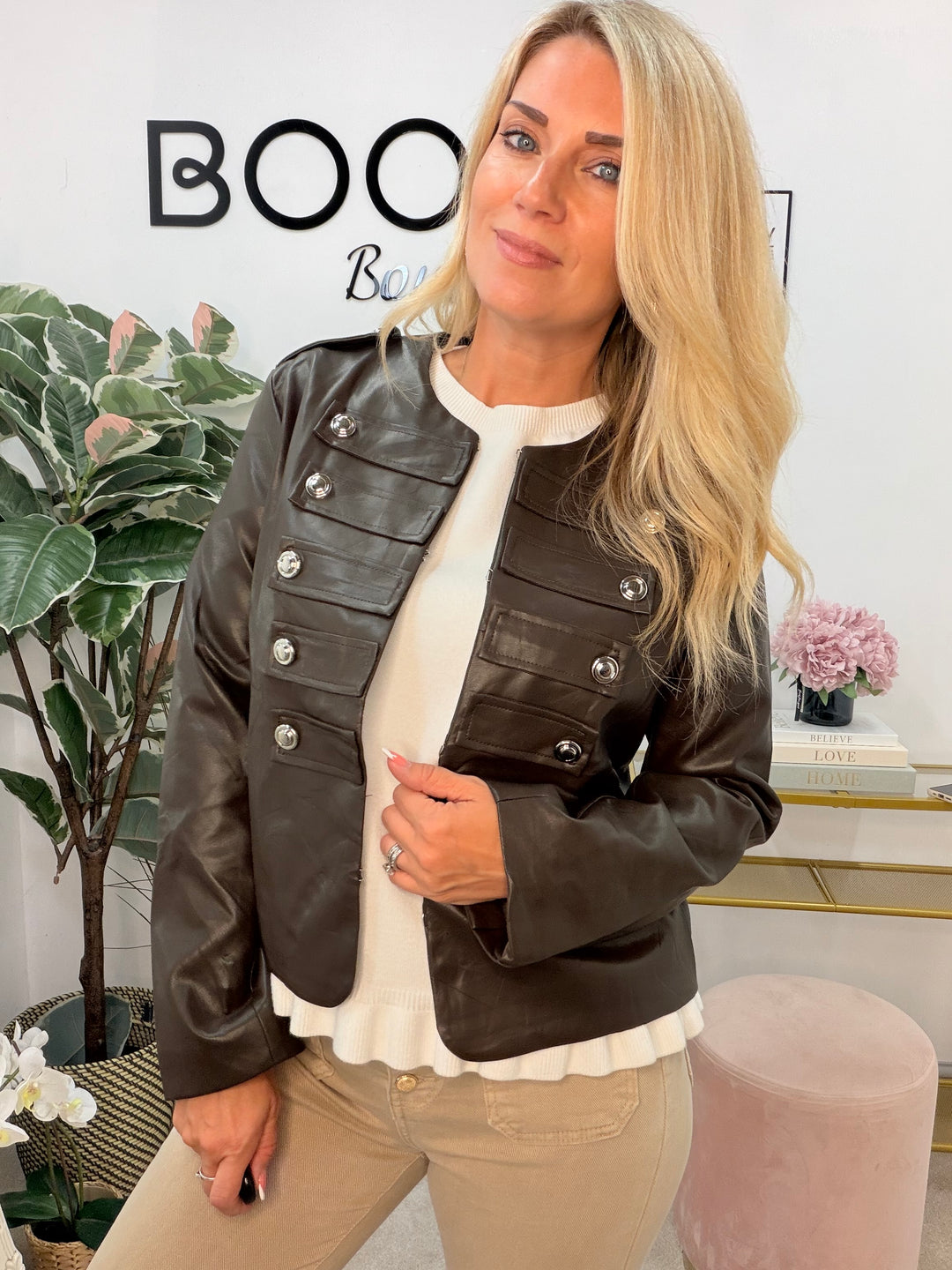 Ladies Fashion Faux Leather Military Jacket - Black & Brown