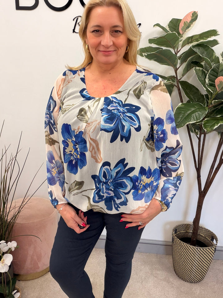 Ladies Fashion Flower Chiffon Blouse Top - Pink, Navy & Blue