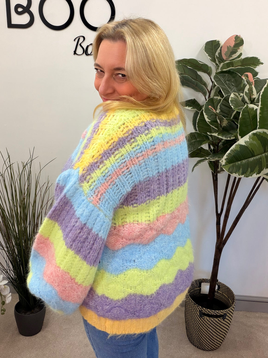 LADIES RAINBOW PASTEL STRIPE CHUNKY KNIT OVERSIZE CARDIGAN