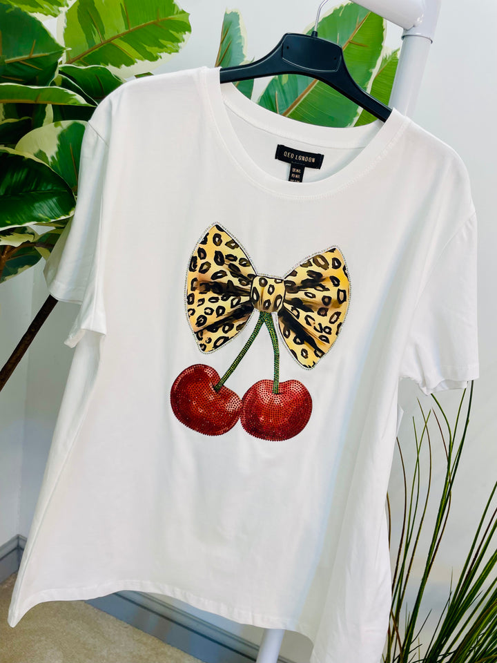 LADIES WHITE T SHIRT WITH DIAMANTE CHERRY LOGO