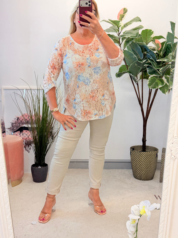 Ladies Lace Grandad Top - Khaki, Pink, Beige & White