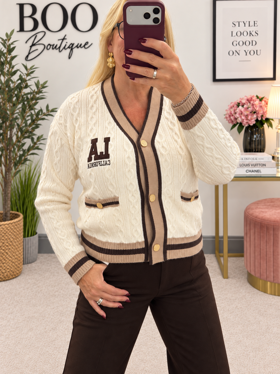 Womens Cable Knit Cricket Cardigan - Cream, Brown, Plum & Black