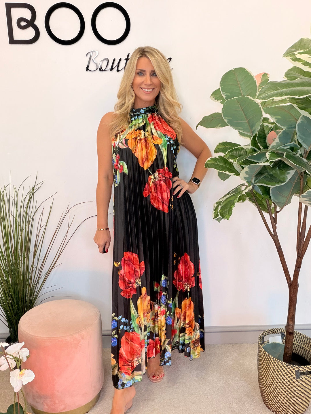 Ladies Satin Pleated Flower Print Summer Maxi Dress - Black, Cream & Blue
