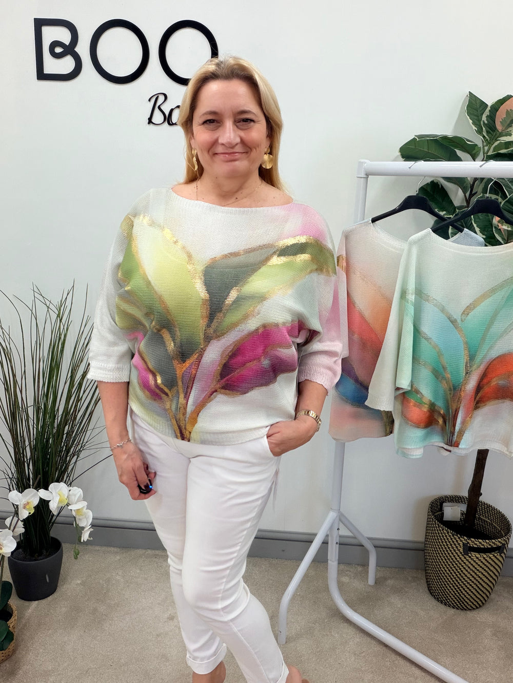 LADIES WHITE BATWING SLEEVE JUMPER - KHAKI, BLUE & GREEN