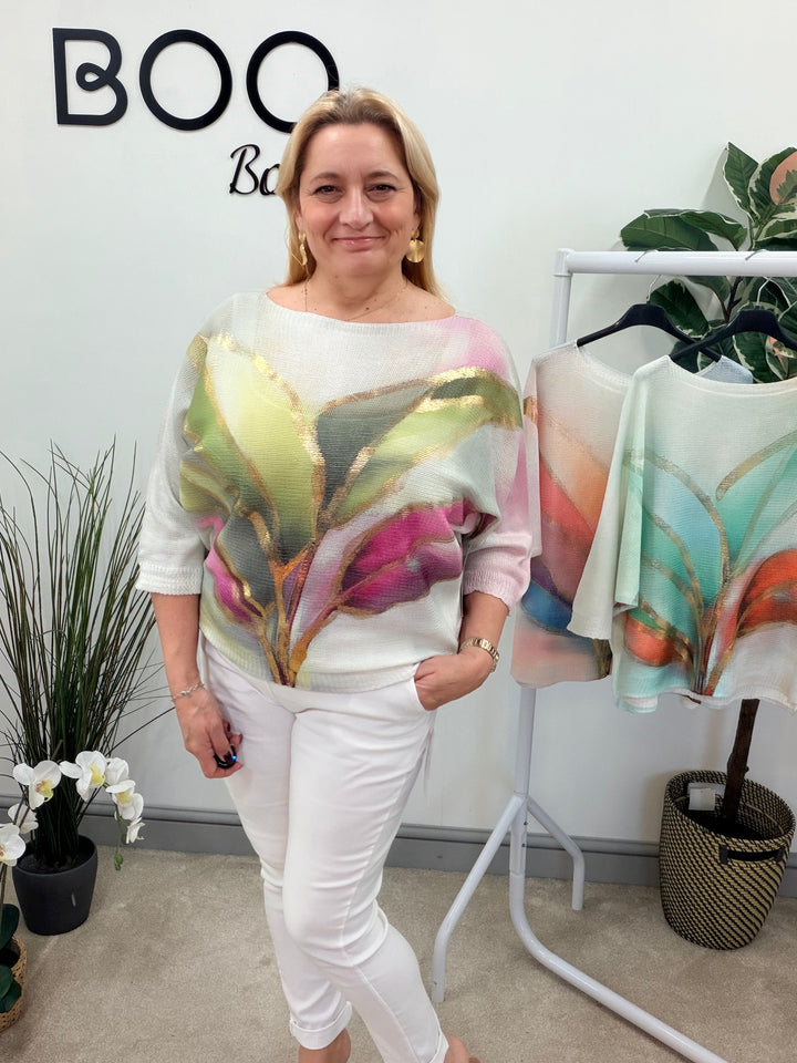 LADIES WHITE BATWING SLEEVE JUMPER - KHAKI, BLUE & GREEN