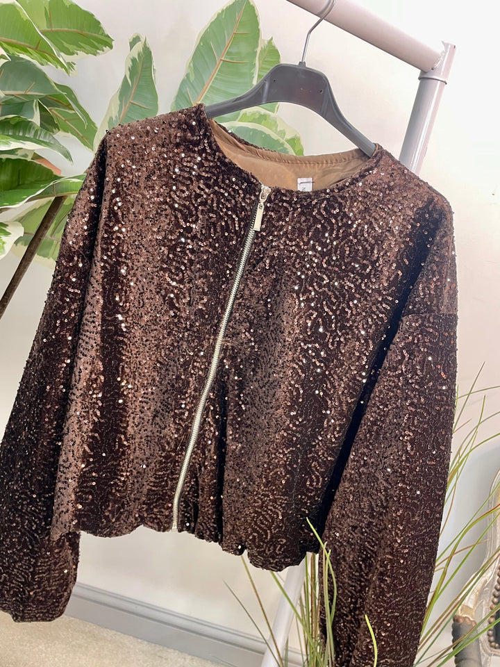 LADIES SEQUIN BOMBER JACKET - BLACK, SILVER, BERRY, BROWN