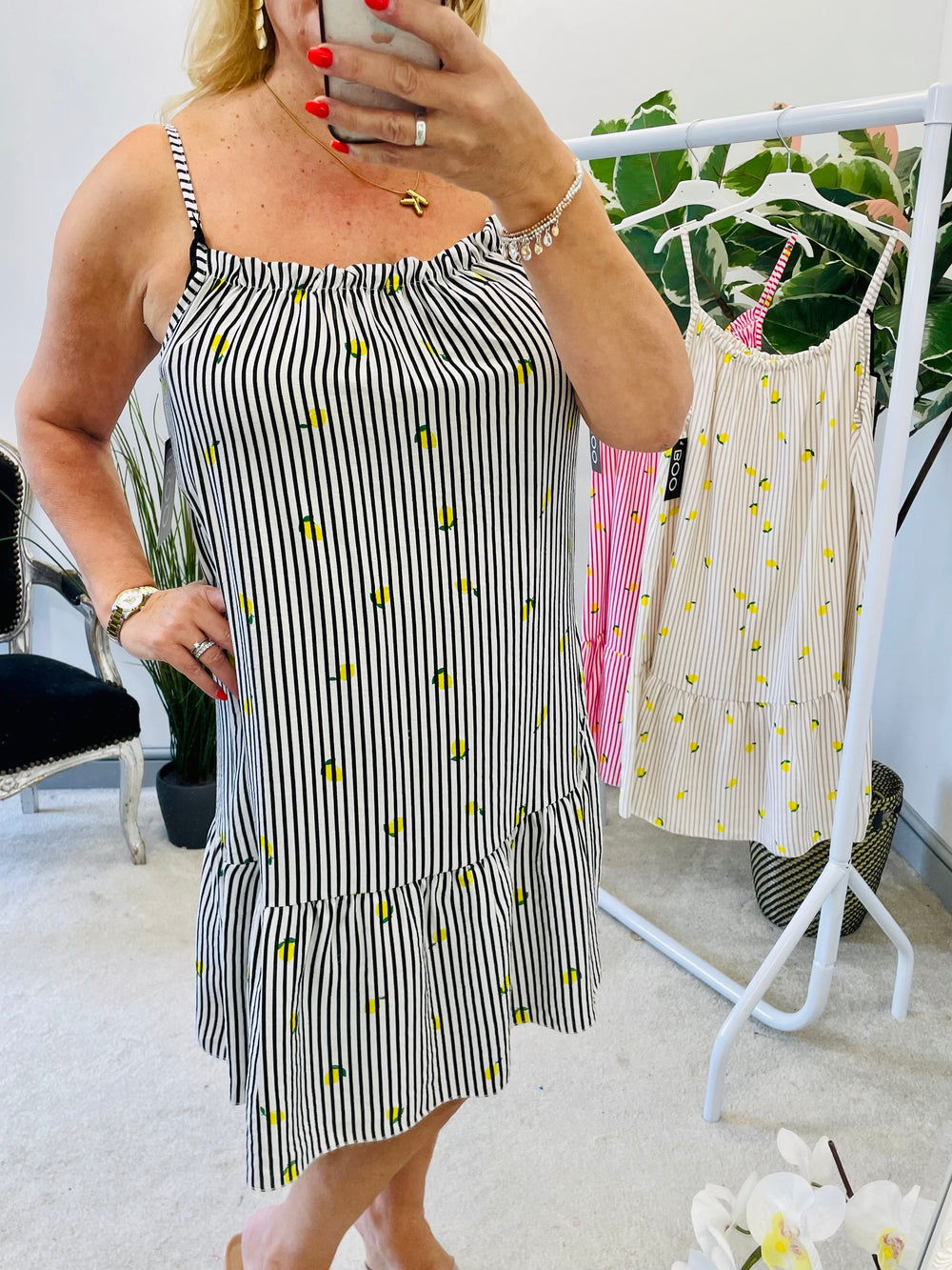 LADIES STRIPE LEMON PRINT SUMMER SUN DRESS - BLACK, BEIGE, PINK