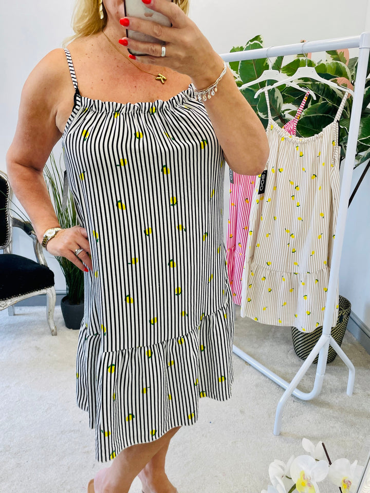 LADIES STRIPE LEMON PRINT SUMMER SUN DRESS - BLACK, BEIGE, PINK