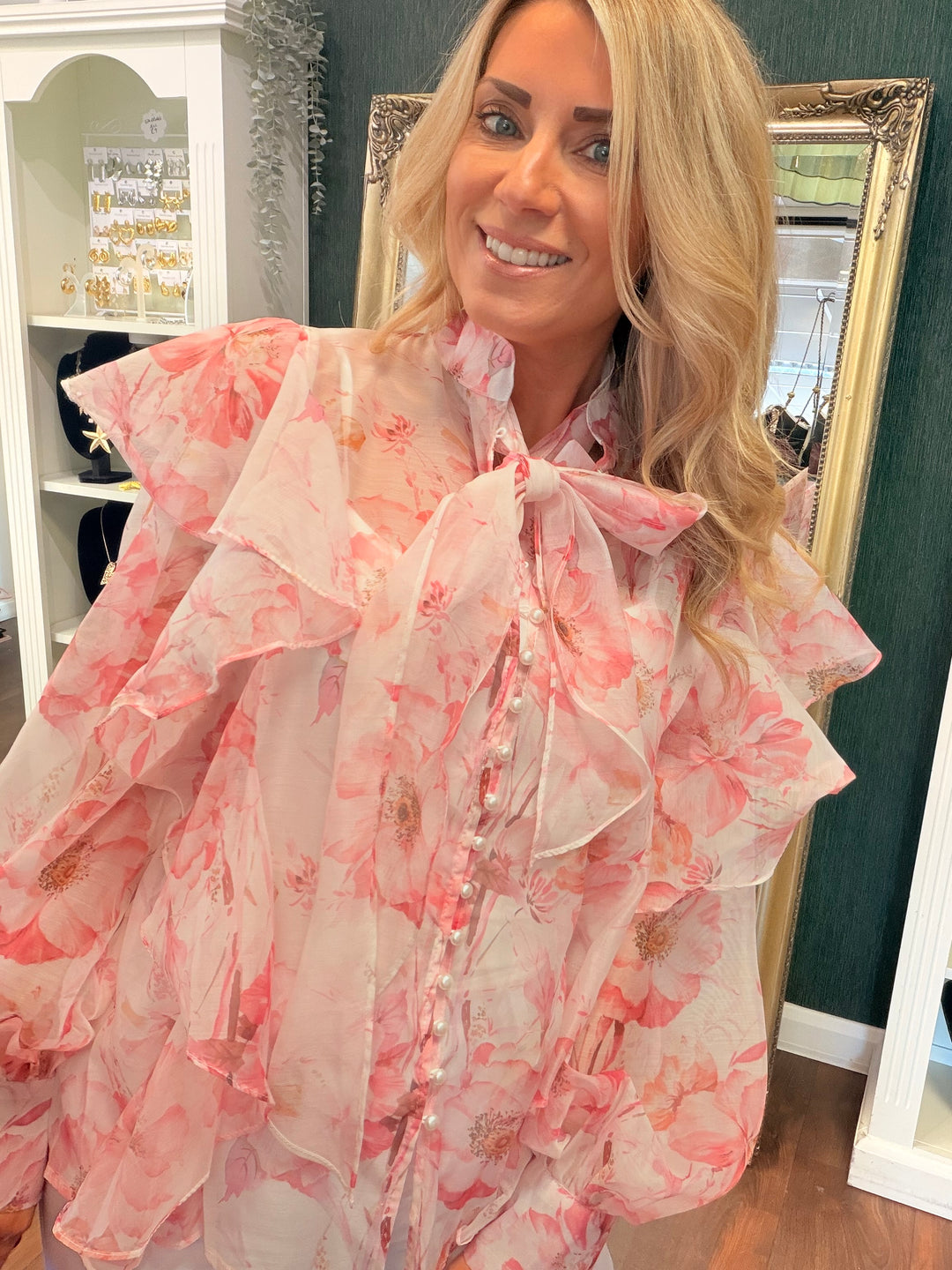 Ladies Sheer Pink Frill Blouse Top