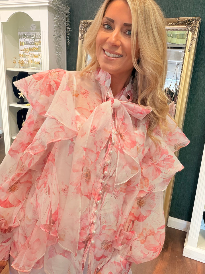 Ladies Sheer Pink Frill Blouse Top