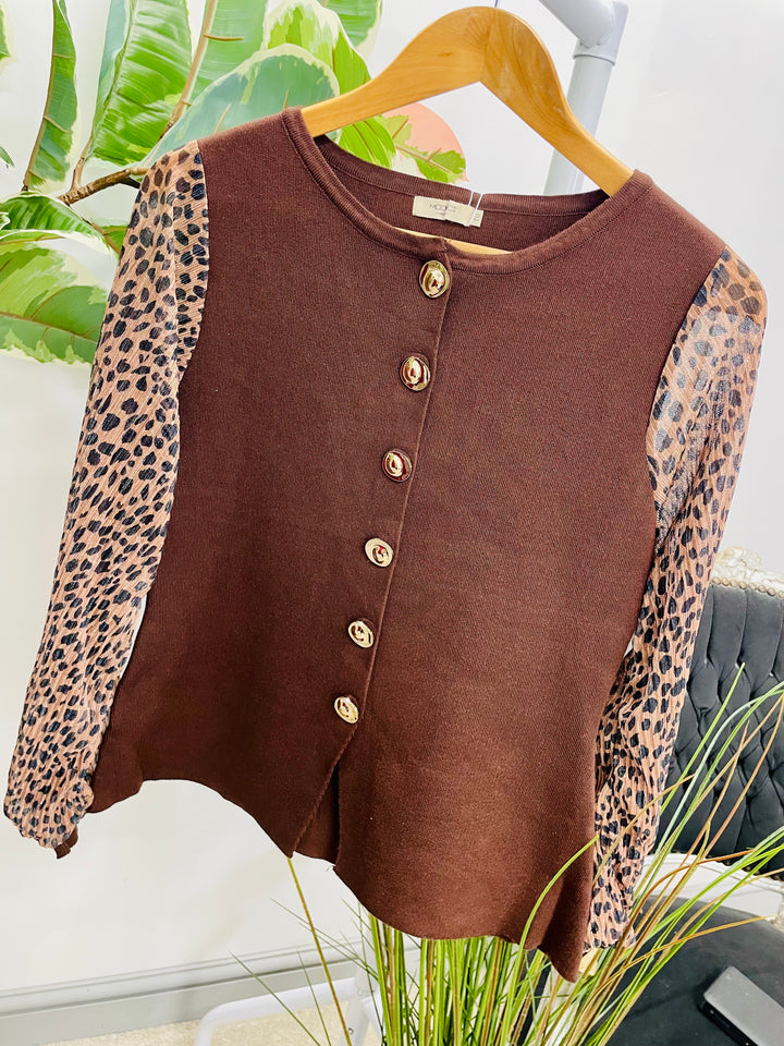 LADIES KNITTED LEOPARD SLEEVE CARDIGAN TOP - BLACK, WINE, BROWN
