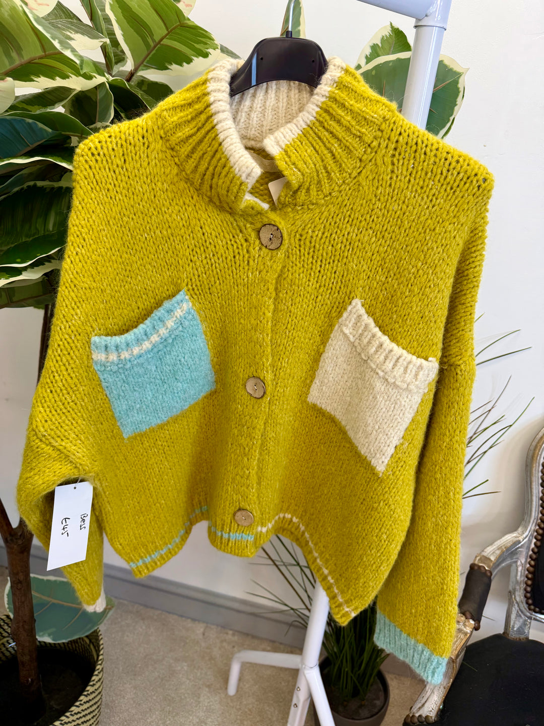 LADIES FUNKY CHUNKY KNIT TWO TONE CARDIGAN - MINT, BEIGE, ORANGE & LIME