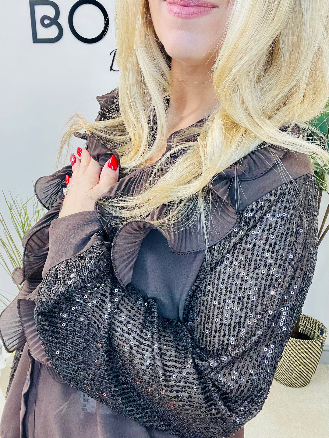 LADIES SEQUIN ARM FRILL BLOUSE - BLACK, SILVER, BERRY, BEIGE & BROWN