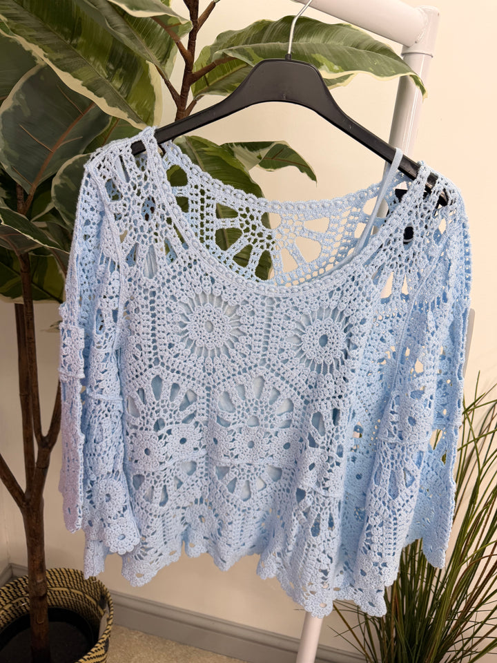 Ladies Pretty Crochet Summer Top pale blue