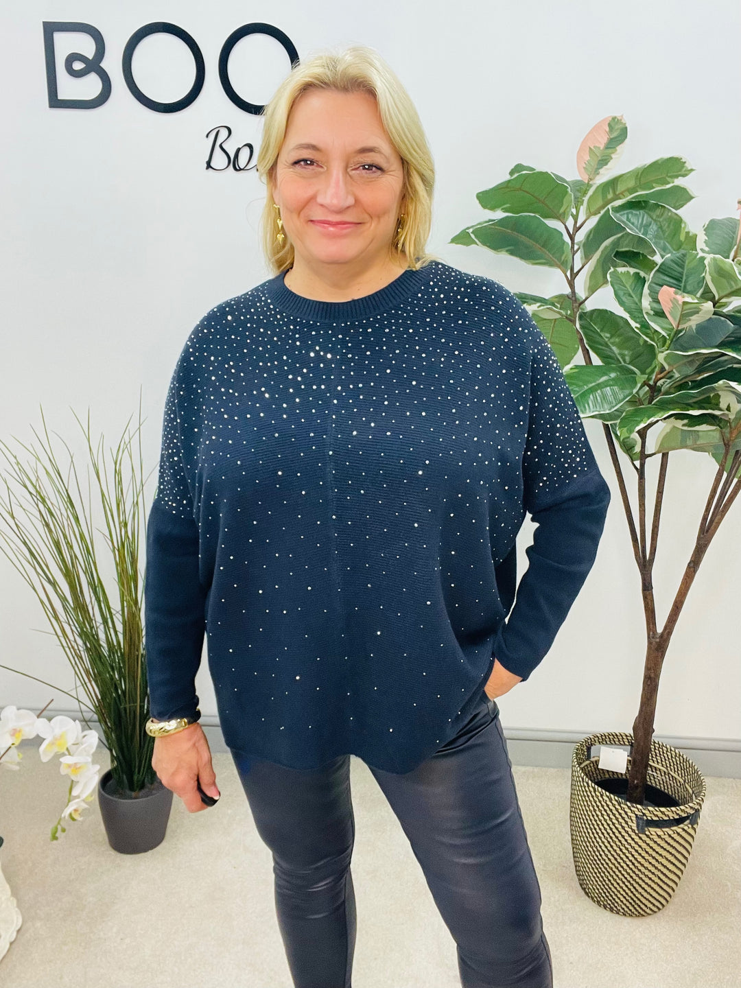 LADIES LOOSE FIT DIAMANTE OVERSIZE JUMPER - BLACK, GREY, NAVY, BROWN