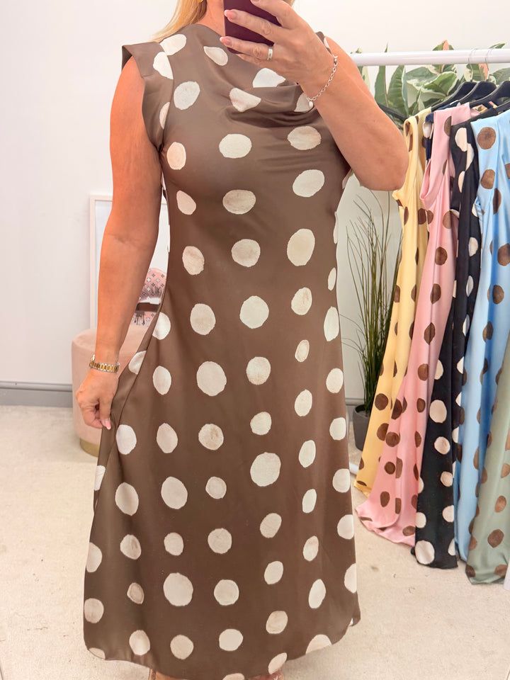 Ladies Satin Polka Dot Sheath Dress - Lemon, Black, Pink, Khaki, Navy, Black & Blue