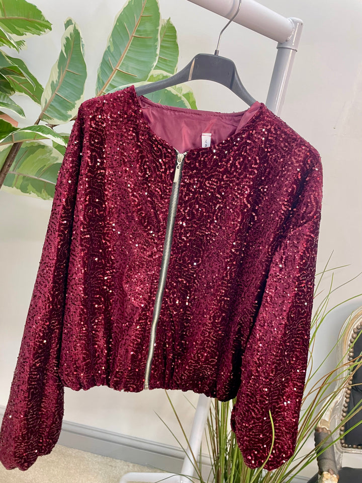 LADIES SEQUIN BOMBER JACKET - BLACK, SILVER, BERRY, BROWN