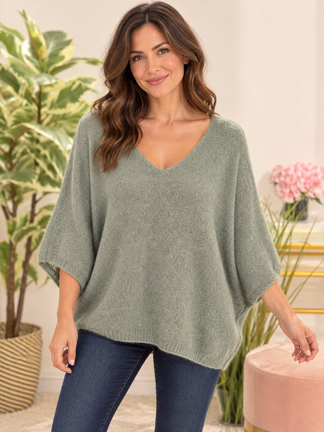 Womens fluffy knit short sleeve V neck jumper - Berry, Brown, Oatmeal, Blue & Khaki