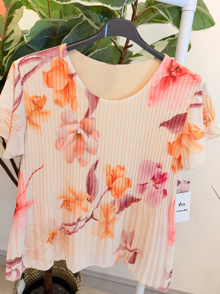 Ladies Pleated Floral Print Chiffon Top - Black, Cream, Blue, Lemon, Pink, Navy, Brown