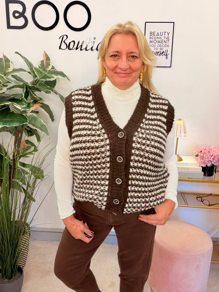Women’s herringbone knit waistcoat - navy, beige, black, mocha & brown