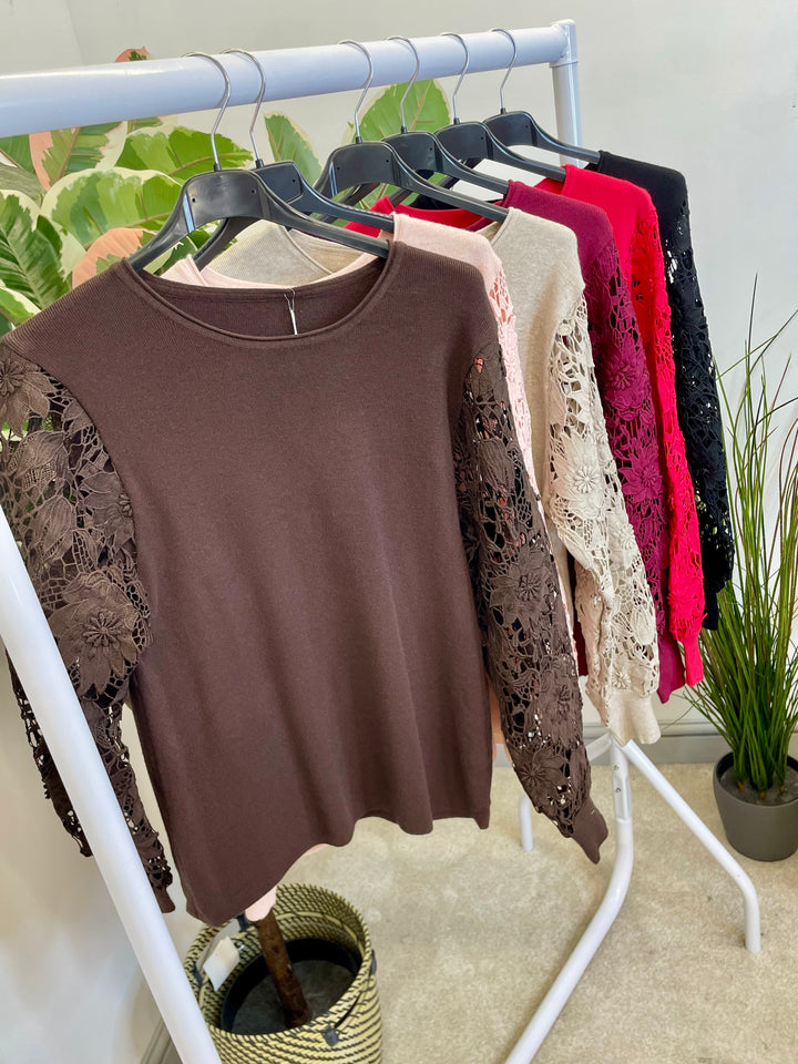 LADIES LACE SLEEVE JUMPER - BLACK, PINK, RED, BERRY,  BROWN & BEIGE
