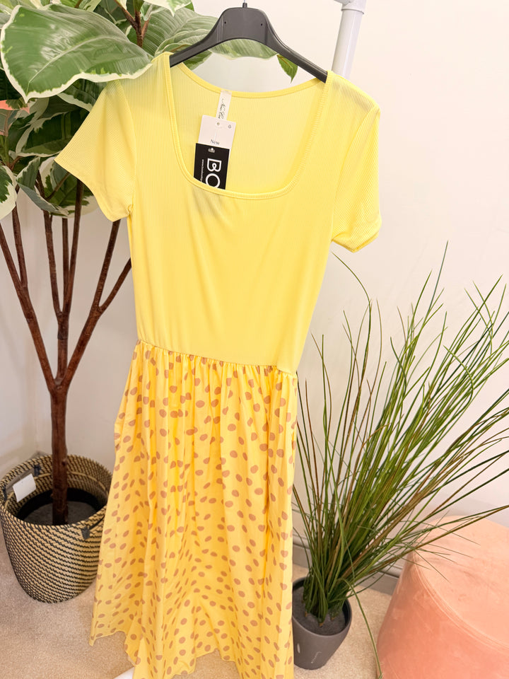 Ladies Fashion T Shirt Polka Dot Midi Dress - Blue, Pink, Black & Lemon