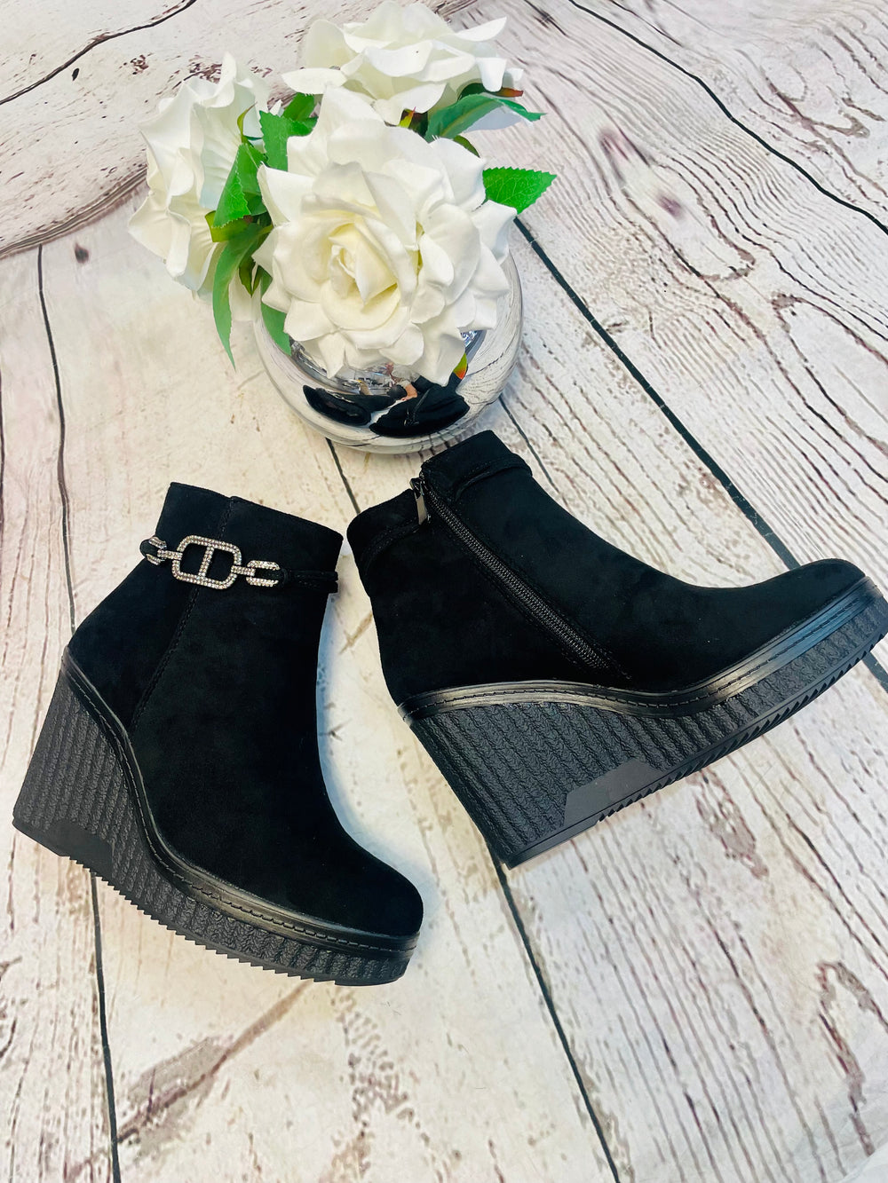 LADIES WOMENS BLACK FAUX SUEDE WEDGE HEEL ANKLE BOOTS