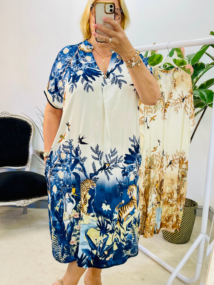 LADIES JUNGLE PRINT SUMMER LOOSE FIT SHIFT DRESS -  NAVY & BEIGE