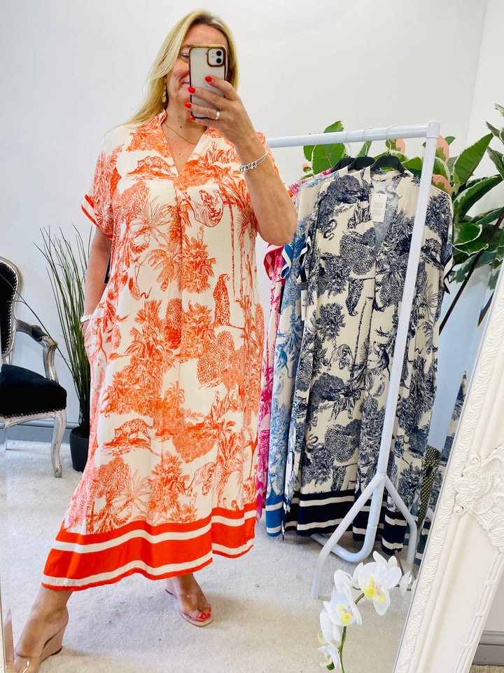 LADIES OVERSIZE JUNGLE PRINT LOOSE FIT SUMMER SHIFT DRESS - PINK, ORANGE, BLUE, NAVY
