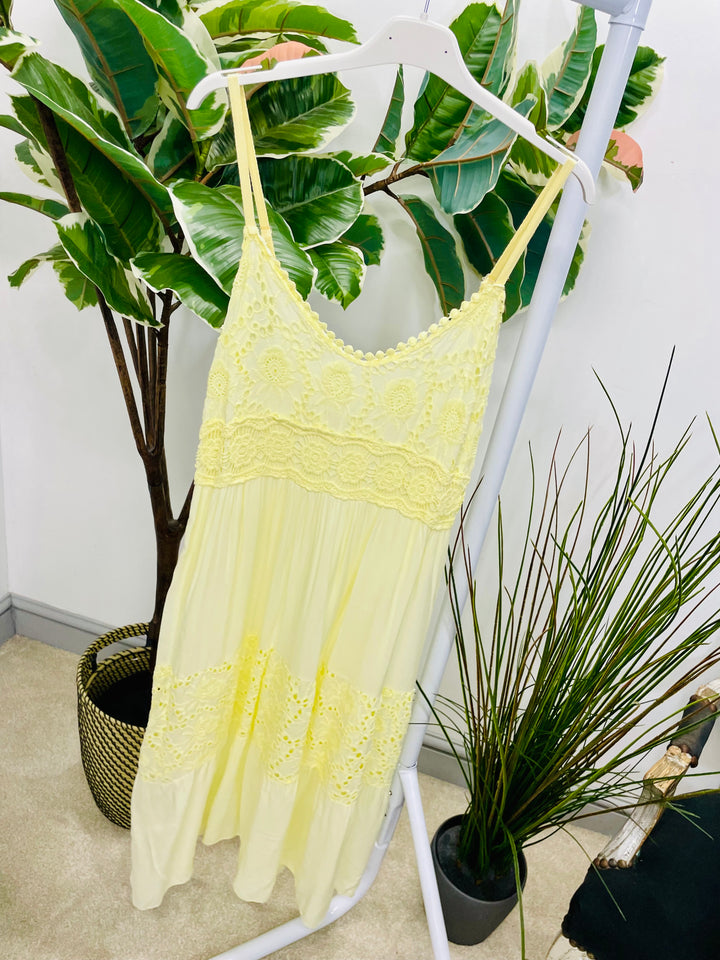 LADIES PRETTY BOHO FEMININE CROCHET DRESS - NAVY, WHITE & LEMON