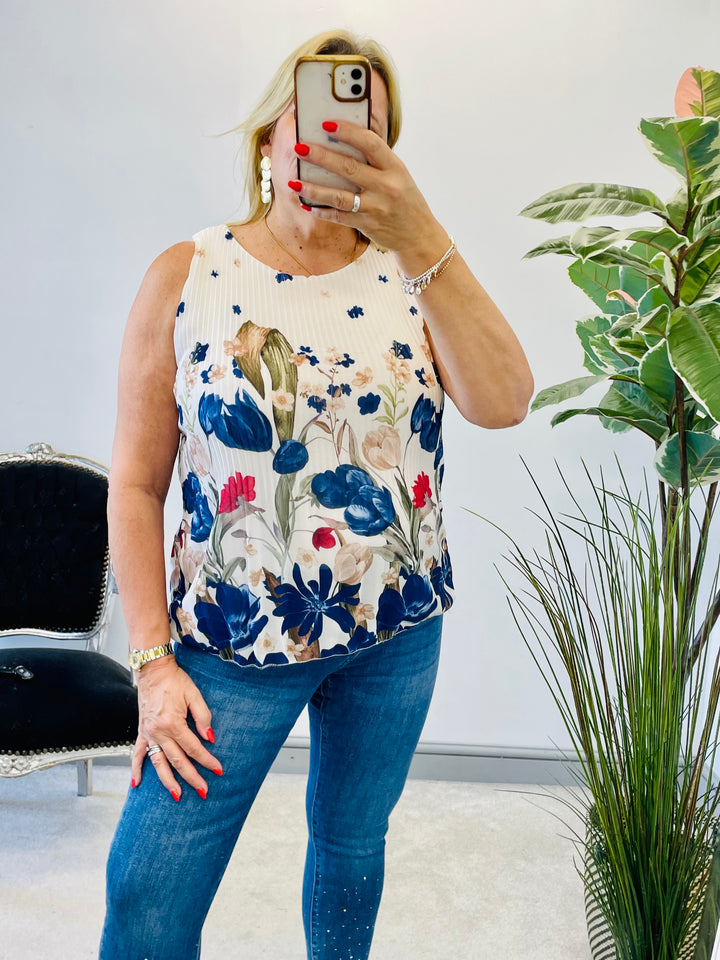 LADIES CHIFFON PLEATED FLORAL PRINT SUMMER TOP - RED & NAVY