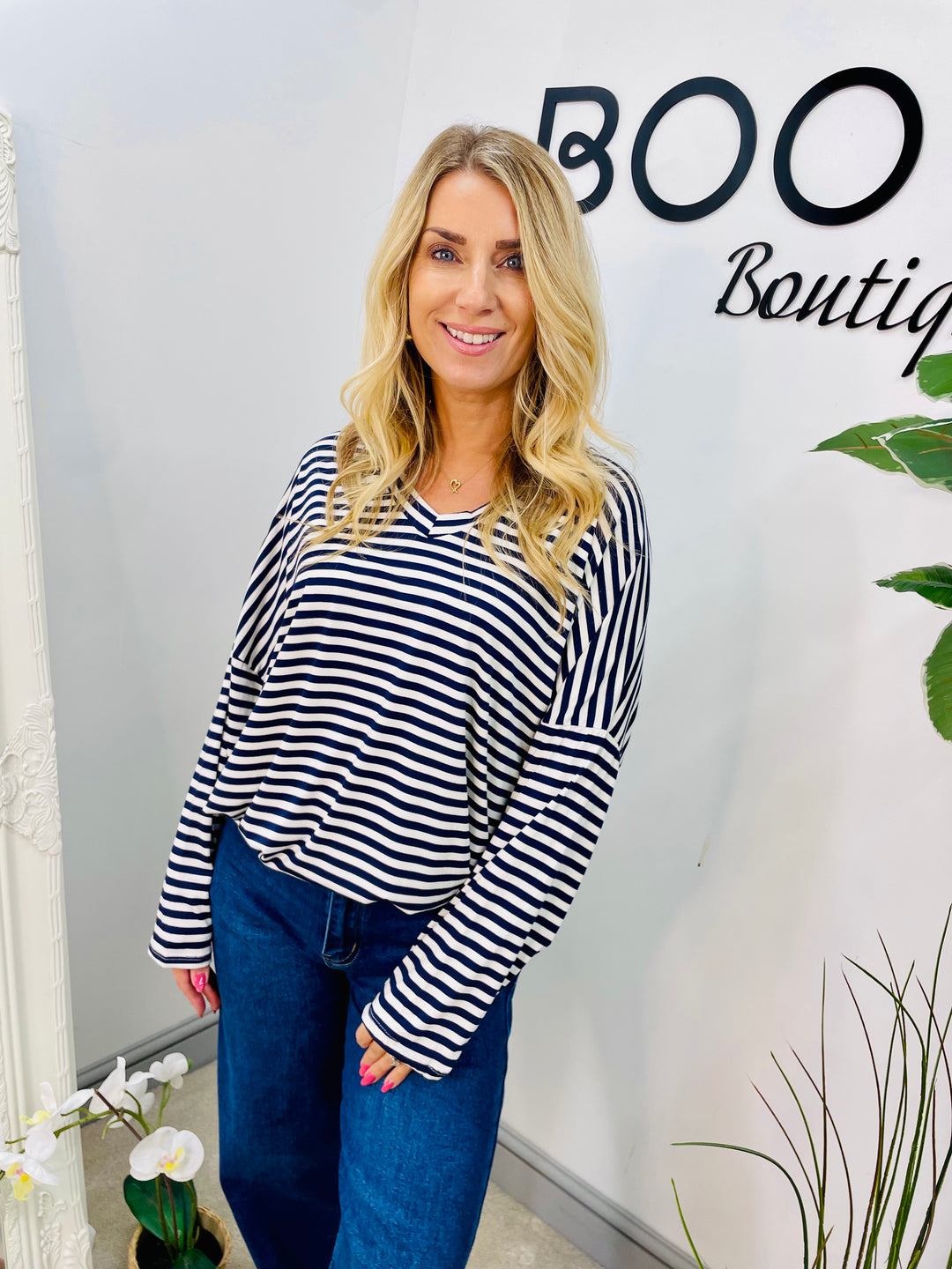 LADIES CASUAL STRIPE LOOSE FIT TOP - KHAKI, NAVY, WINE, BLACK & BROWN
