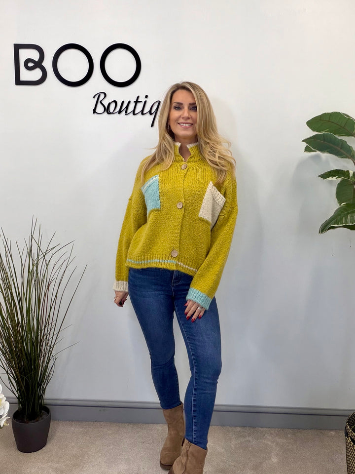 LADIES FUNKY CHUNKY KNIT TWO TONE CARDIGAN - MINT, BEIGE, ORANGE & LIME