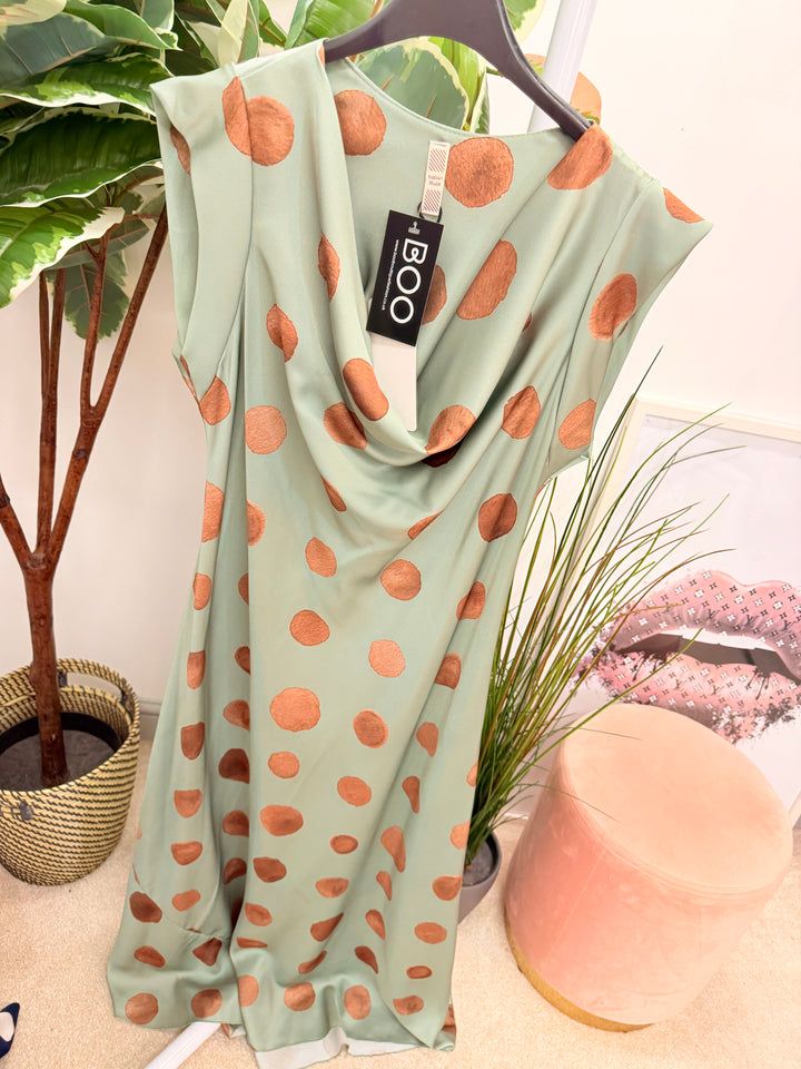 Ladies Satin Polka Dot Sheath Dress - Lemon, Black, Pink, Khaki, Navy, Black & Blue