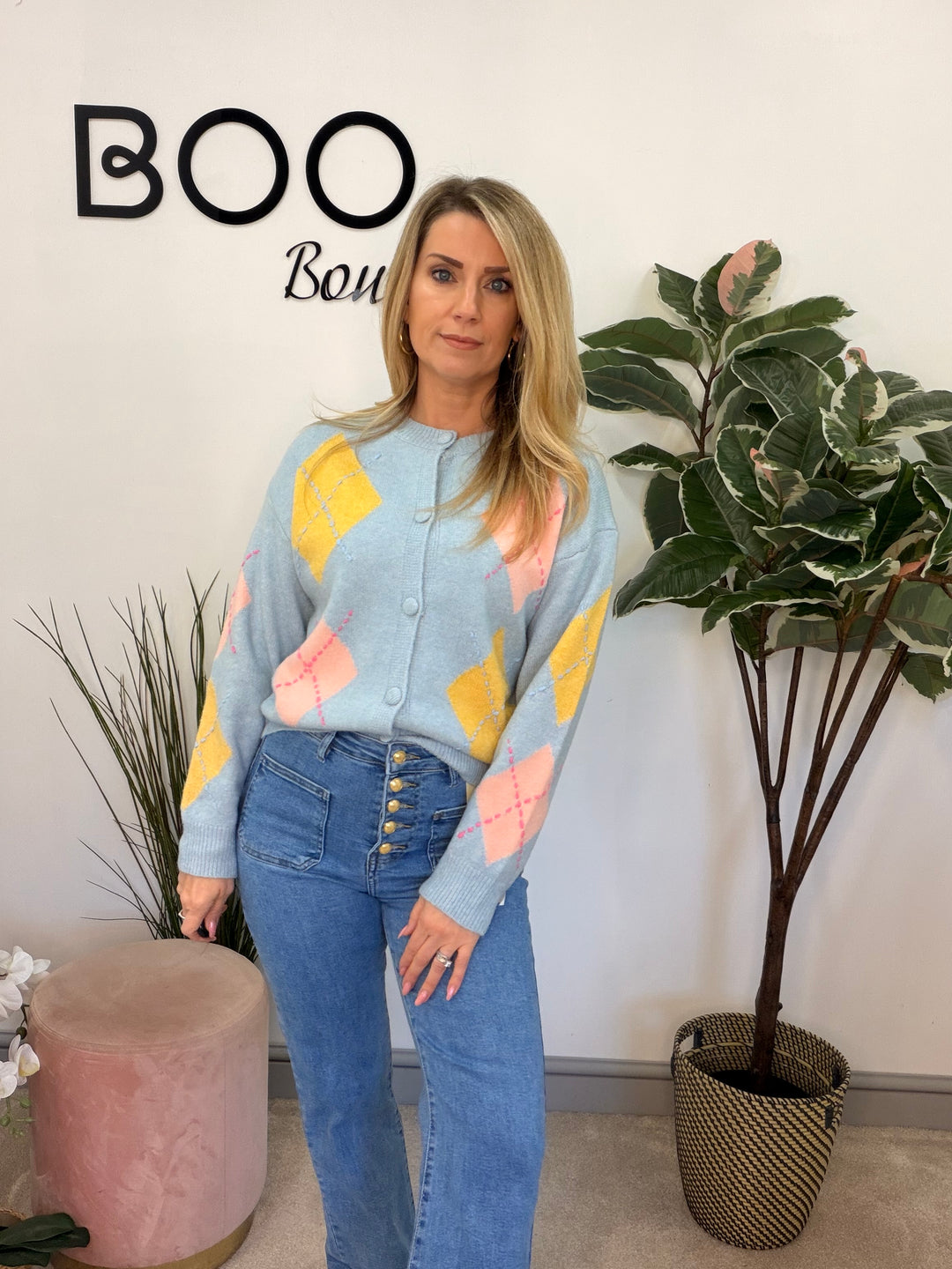 Ladies Fashion Diamond Argyle Cardigan - pink, blue & cream