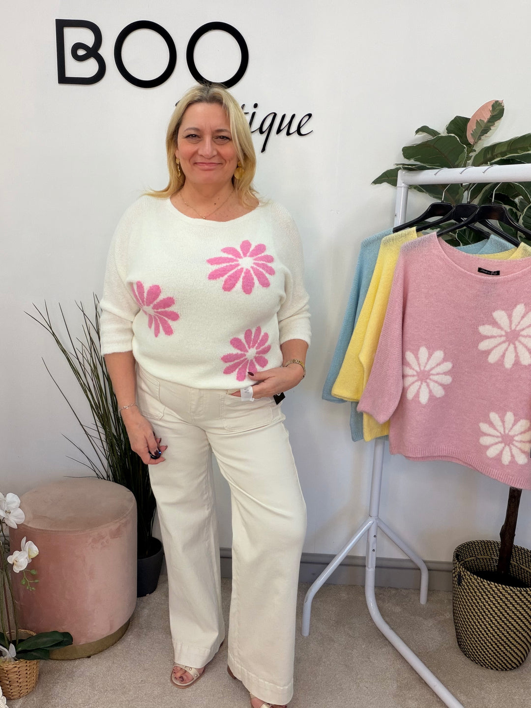 Ladies Fashion Daisy Short Sleeve Jumper - lemon, blue, white & pink