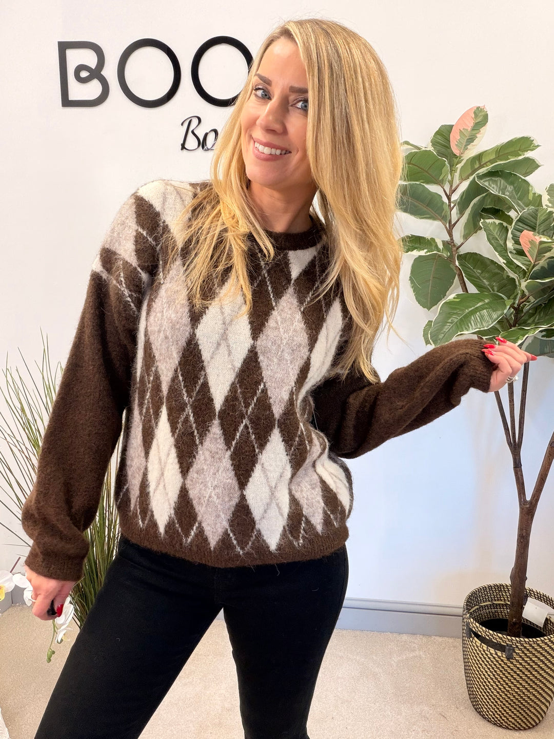 LADIES FASHION ARGYLE KNIT JUMPER - BERRY, CREAM, BROWN, 