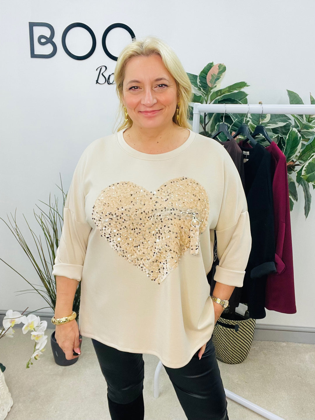 LADIES SCUBA SEQUIN HEART SWEATSHIRT TOP - BURGUNDY, BLACK, BROWN, BEIGE