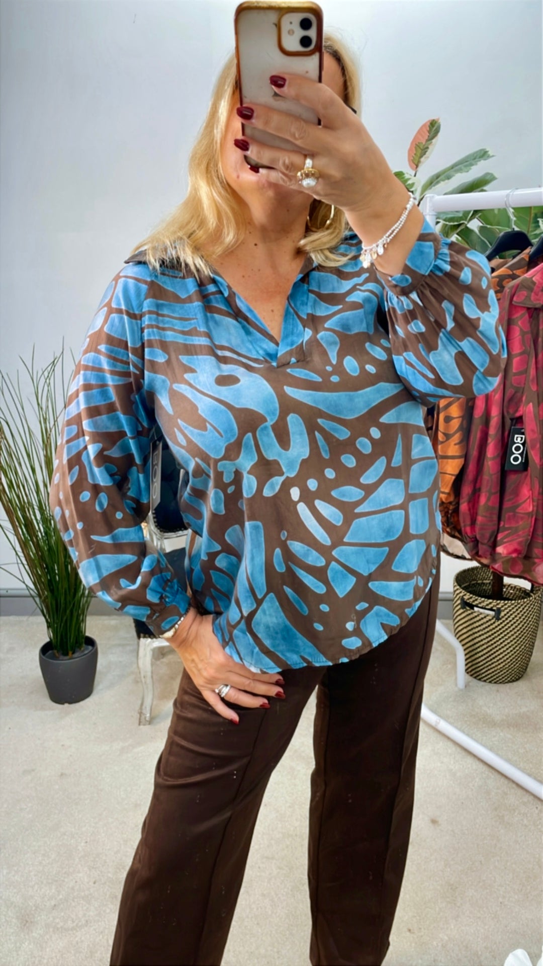 LADIES V NECK FLOATY TOP BLOUSE - BROWN, BLUE, RASPBERRY, BLACK